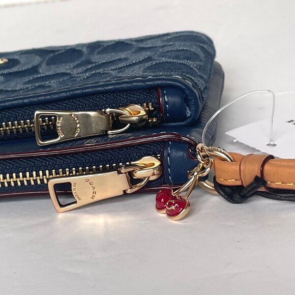 Coach Double Zip Phone Wallet Blue Signature Denim CZ321 Wristlet Leather Clutch - Picture 7 of 10